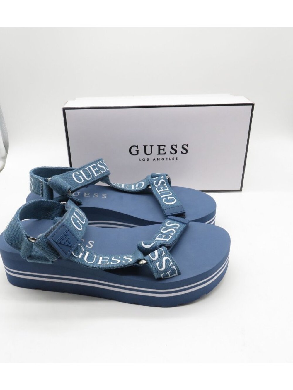 Guess Womens Platform Sandals Medium Blue Fabric Size 9M Adjustable Straps NEW